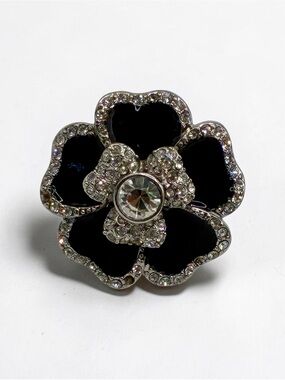 Lia Sophia Black Enamel Crystal Flower Statement Ring Size 9.5